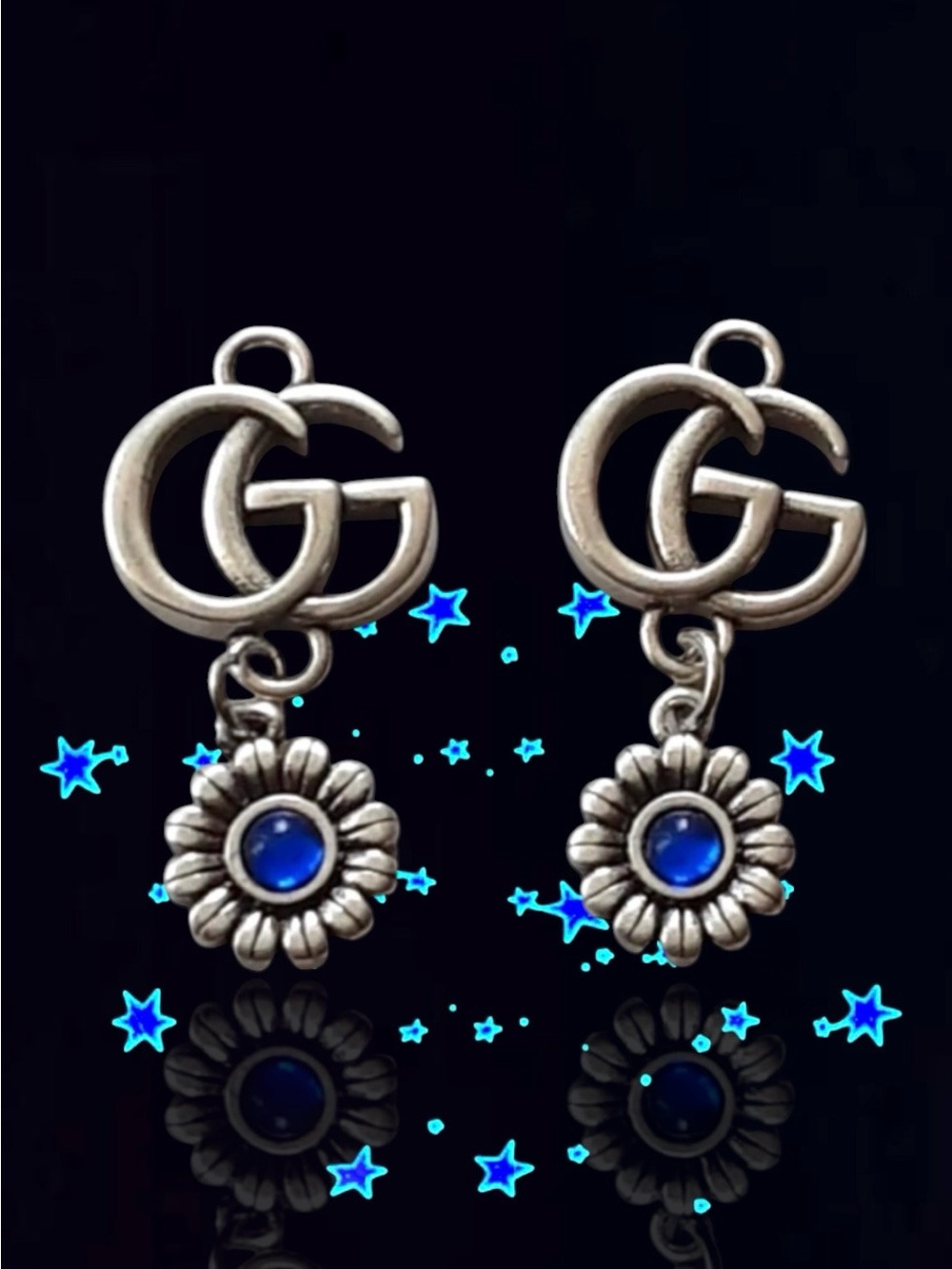 💗VINTAGE GUCCI 2-Piece Interlocking Gs + Blue Daisy Charms Silver-Tone Hardware